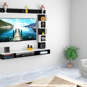 Hubert Engineered Wood TV Entertainment Unit Stand Set TOP Box Stand with Shelves and Display Rack Black & Frosty White- Ideal for UP to 55" INCH Screen